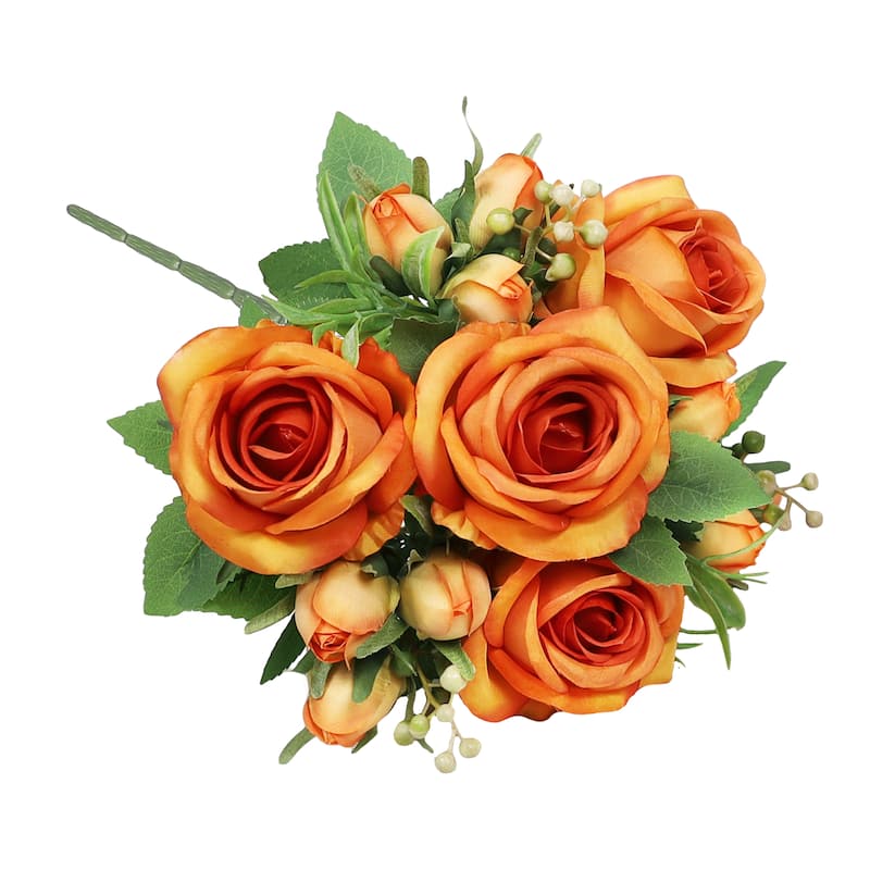 Set of 2 Orange Artificial Delicate Sweet Rose Flower Stem Bush Bouquet 14in - 14" L x 9" W x 9" DP