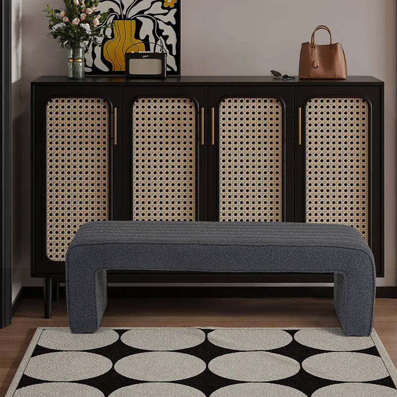 Benicia Gray Boucle Upholstered Fabric Tufted Bench