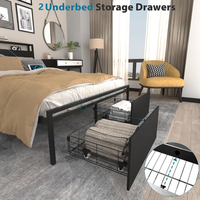 Heavy Duty Metal Bed Frame, Full Size Practical Storage Bed with 2 Drawers, Smart LED Platform Bed Frame with Charging Station