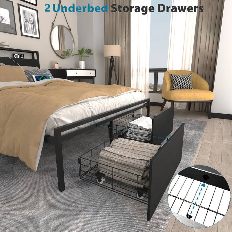 King Size Heavy Duty Metal Platform Bed with 2 Drawers, Smart LED Bed Frame, Storage Headboard with Charging Station