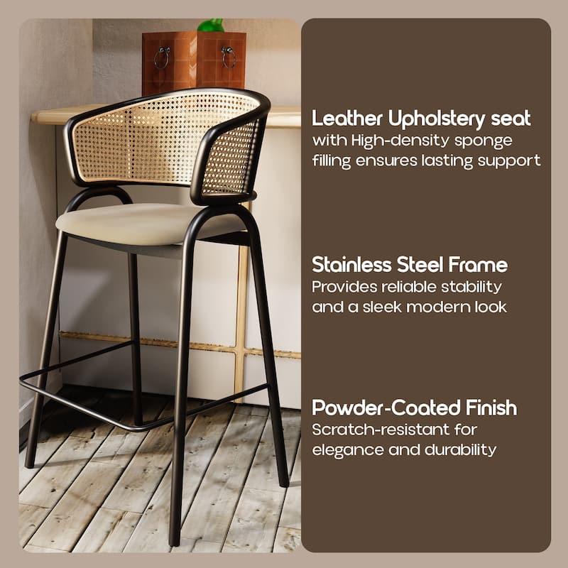 LeisureMod Ervilla Modern Wicker Leather Bar Stool with Curved Back & Stainless Steel Frame for Home & Kitchen