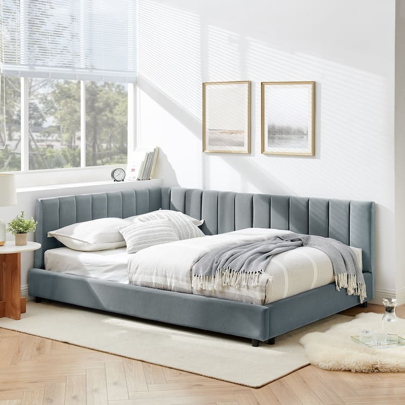 Full Platform Bed with Mid-Century Style, Wooden Frame & Sofa Function