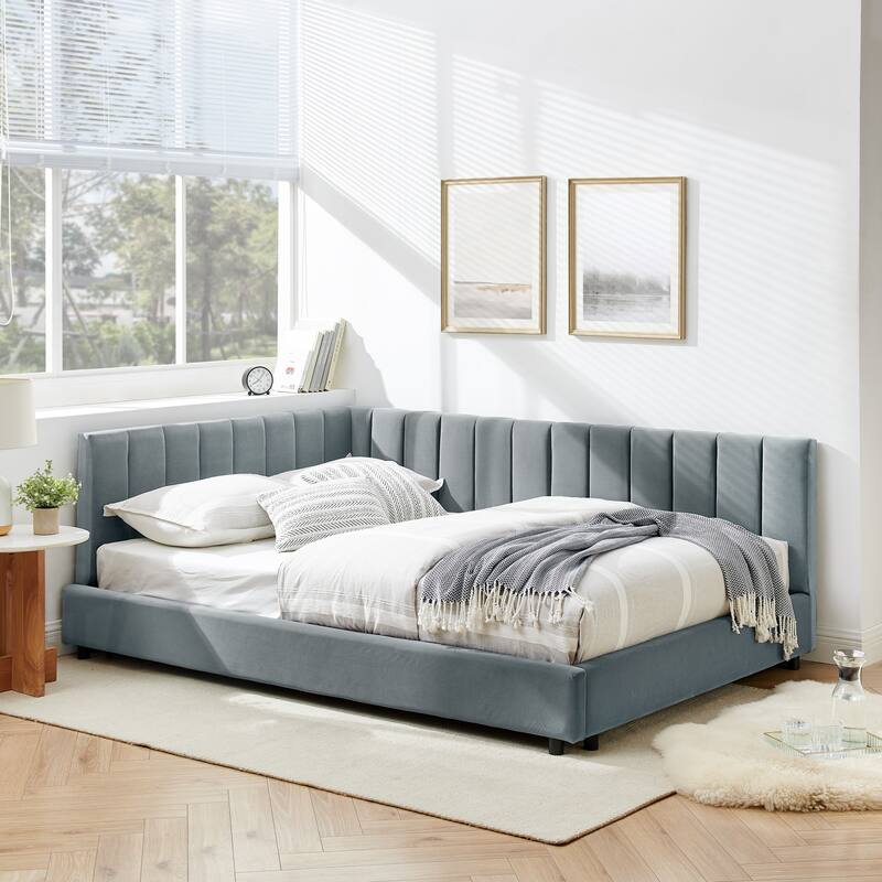 Full Size Velvet Upholstered Daybed with Backrest and Armrests, Gray, Easy Assembly, for Bedroom or Living Room