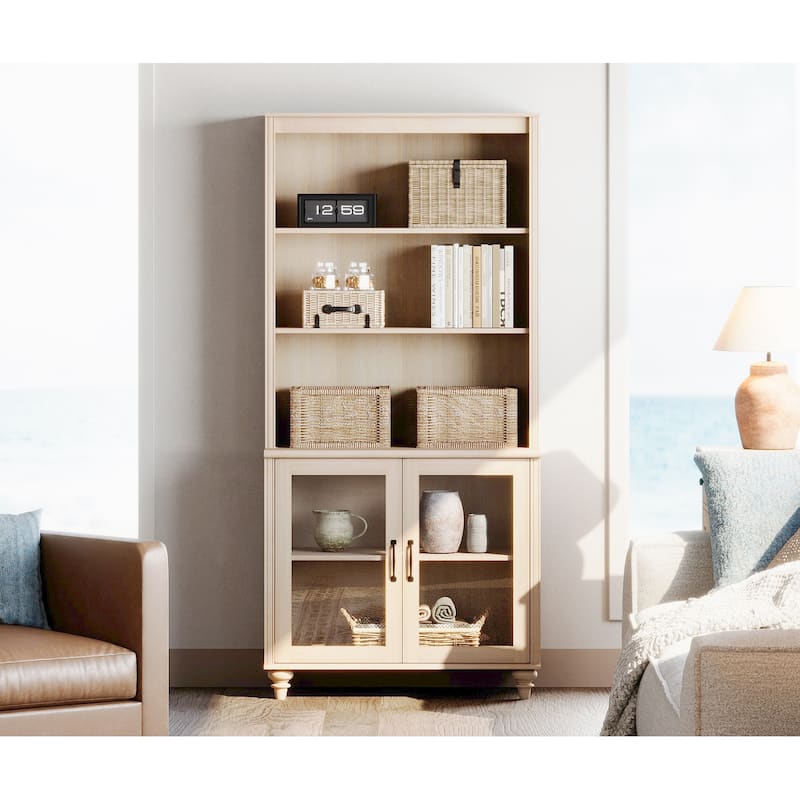 Light Beige Bookcase with Doors, Large Wood Farmhouse Book Case Shelf