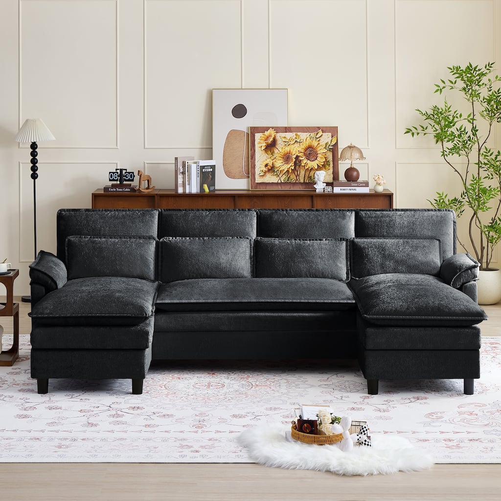 105" Chenille U-Shaped Sectional Sofa with Double Chaise, 4 Pillows & Removable Covers