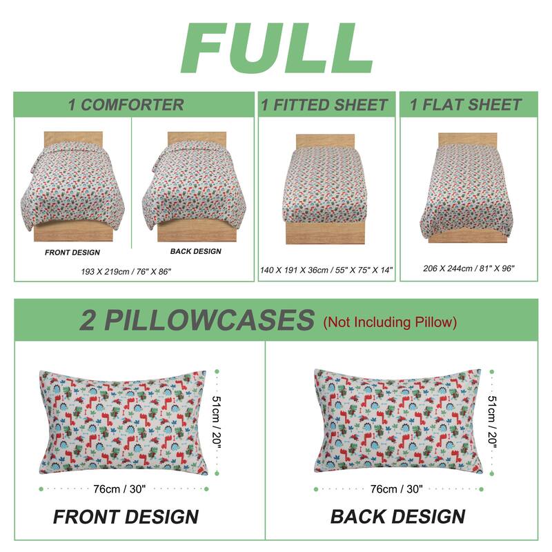 Full Multicolor 5 Piece Microfiber Fabric Comforter Set Dino Series