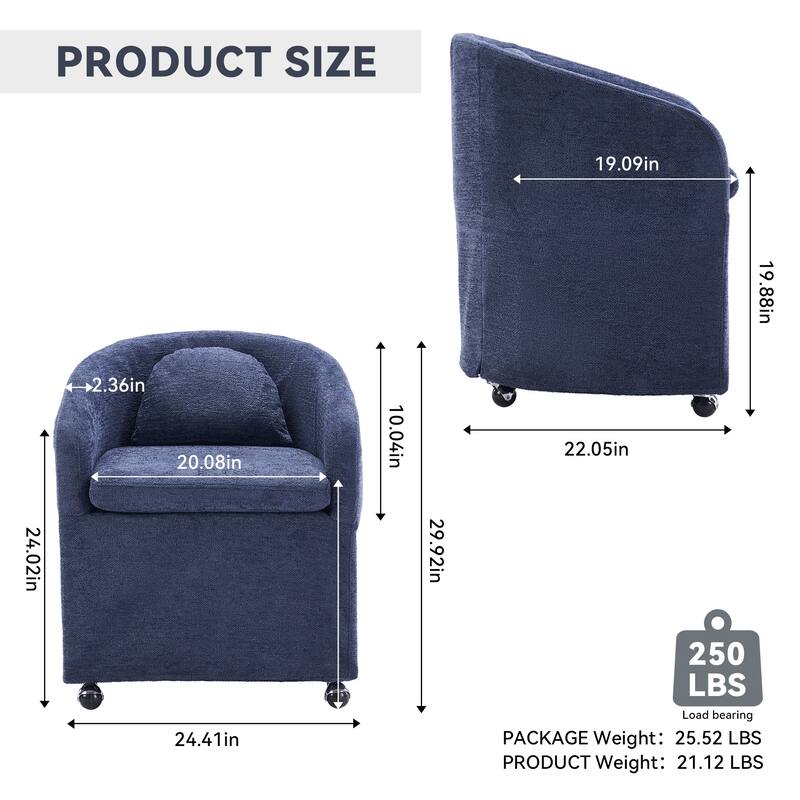 Single Chenille Fabric Dining Chair with 360° Revolving Wheels and Back Cushion