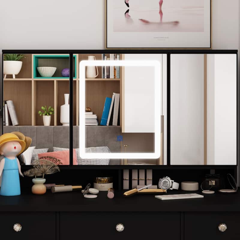 Spacious Vanity Desk with Mirrored Storage Cabinets - A Beauty Oasis