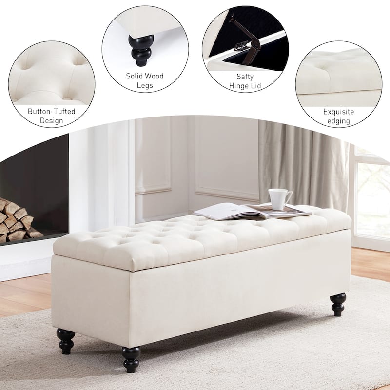 Button-Tufted Storage Bench Ottoman with Solid Wood Legs for Bedroom 50"W x 17.5"D x 18"H