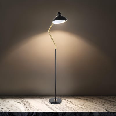 69 Inch Floor Lamp, V Curved Arm, Wavy Edges, Black Metal, Gold, White