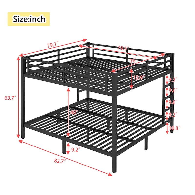Queen over Queen or King over King Metal Bunk Bed with Side Ladder, Noise Reduced, No Box Spring Required
