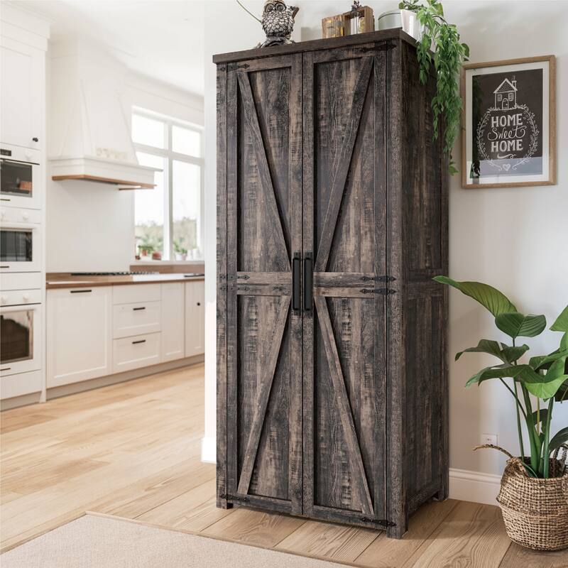 Smart LED Farmhouse Pantry Cabinet with Shelves - Walnut