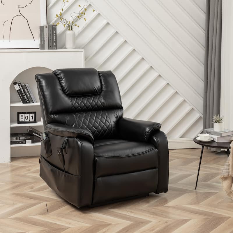 Black Oversized PU Leather Power Lift Recliner with Massage, Lumbar Heating, Side Pockets, 180° Flat Lay