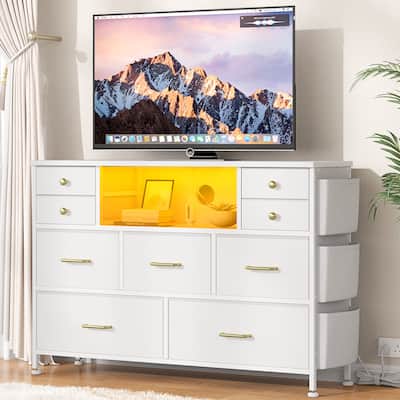 9 Drawer Dresser TV Stand with Power Outlets LED Lights Fabric Chest of Drawers