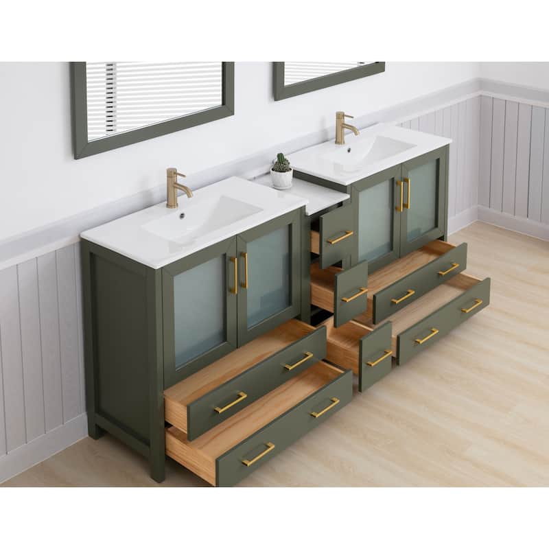 Vanity Art 84" Double Sink Bathroom Vanity Set 7 Dove-Tailed Drawers, 3 Cabinets, 2 Shelves, Soft-Closing Doors with Free Mirror