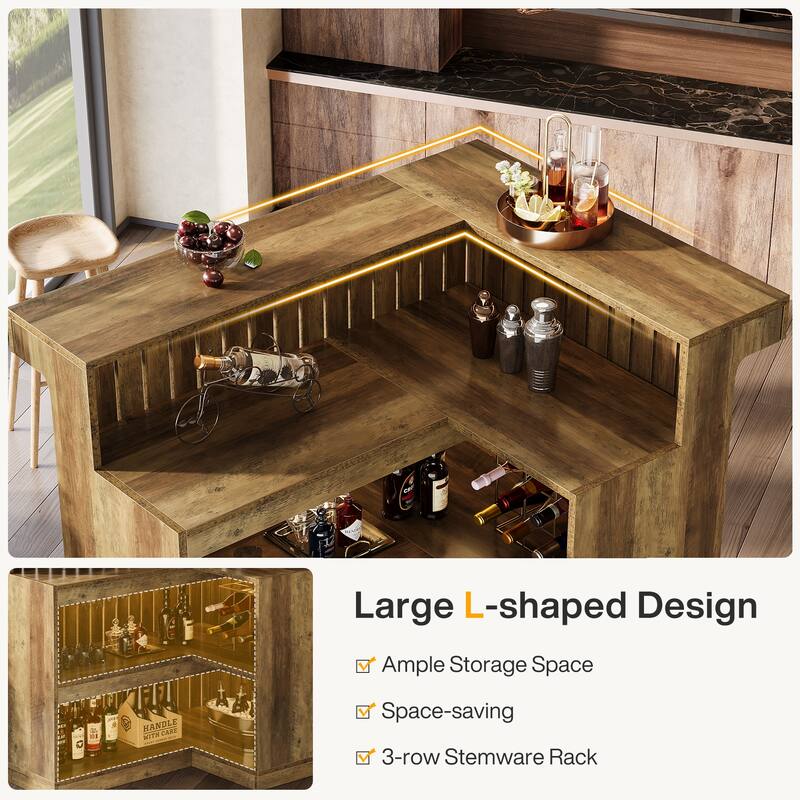 Home Bar Unit, Corner Liquor Bar Table with Storage Shelves & Wine Glass Holder, Pub Reception Accent Cabinet Desk
