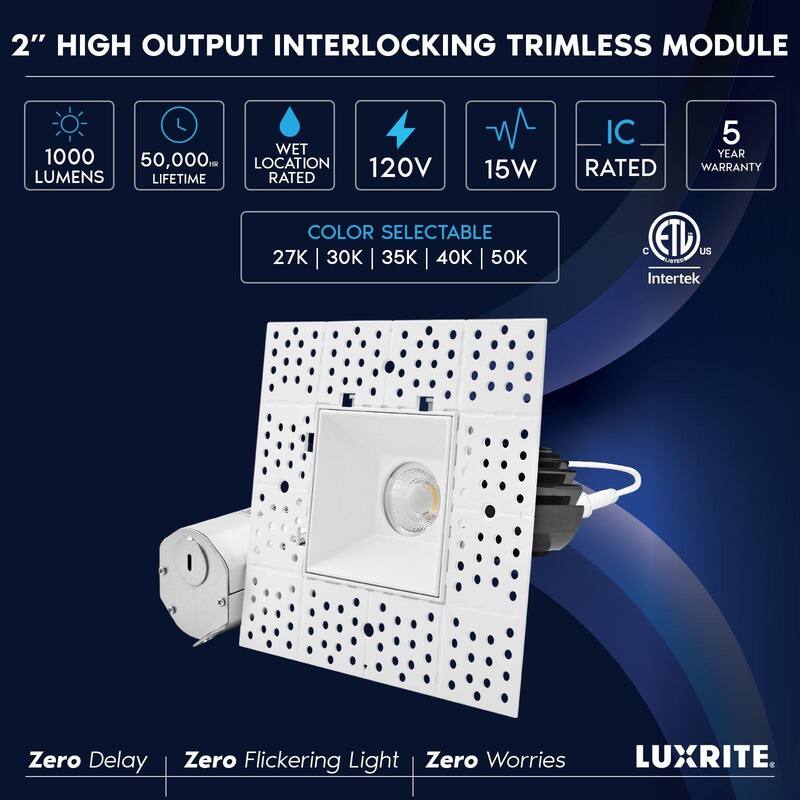 Luxrite 2 Inch Square Trimless LED Recessed Light, 5CCT 2700K-5000K, Interlocking, 1000LM, 6-Pack