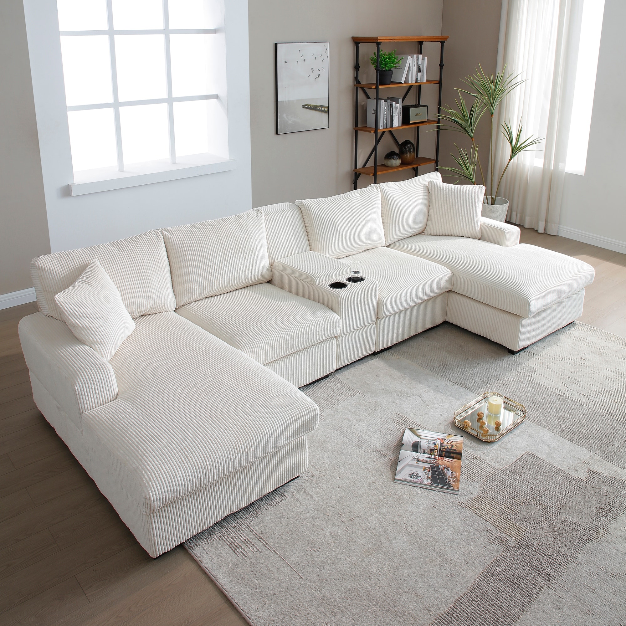 126" Oversized U Shaped Couch, Corduroy Cloud Sectional Sofa with Storage Box, Double Chaise