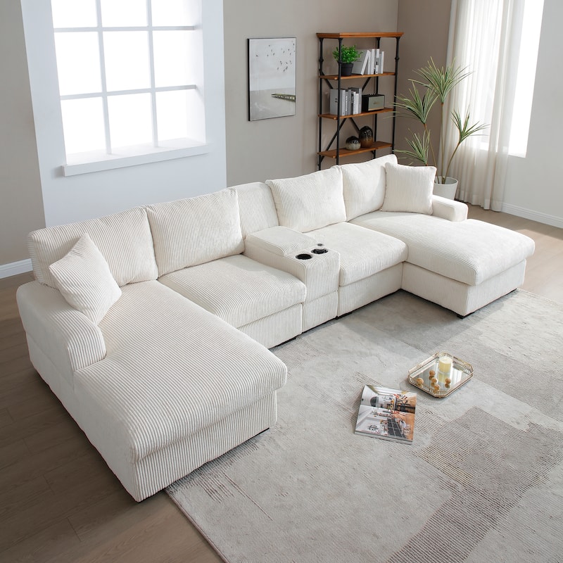 Comfy Corduroy Cloud U-shaped Sectional Sofa with Double Chiase Lounge, Built-in Storage Console and Cup Holders for Living Room