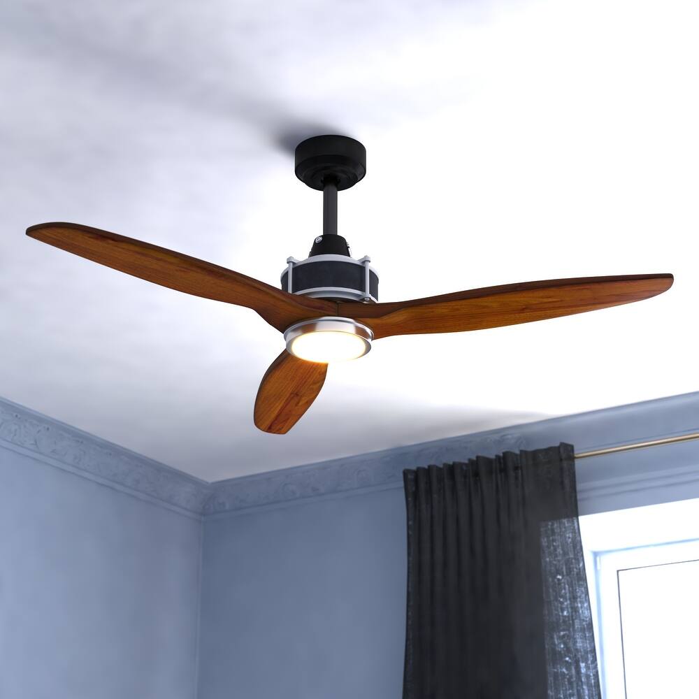 Curtiss 52 in. Indoor Outdoor Propeller Ceiling Fan with Wooden Blades, Dimmable LED Light Kit and Remote Control, 3 Speeds