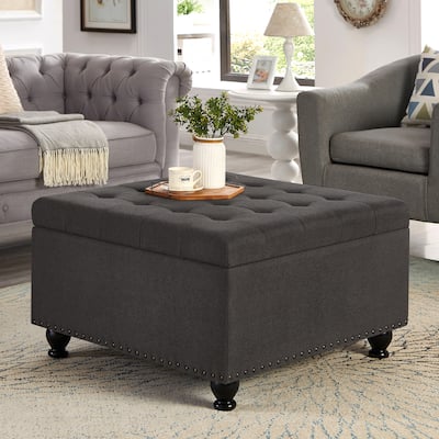 Upholstered Fabric Button Tufted Storage Ottoman with Nail Trims