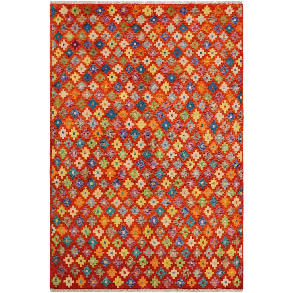 Modern Balochi Velazquez Orange/Green Hand Knotted Wool Rug - 5'0'' x 6'6''