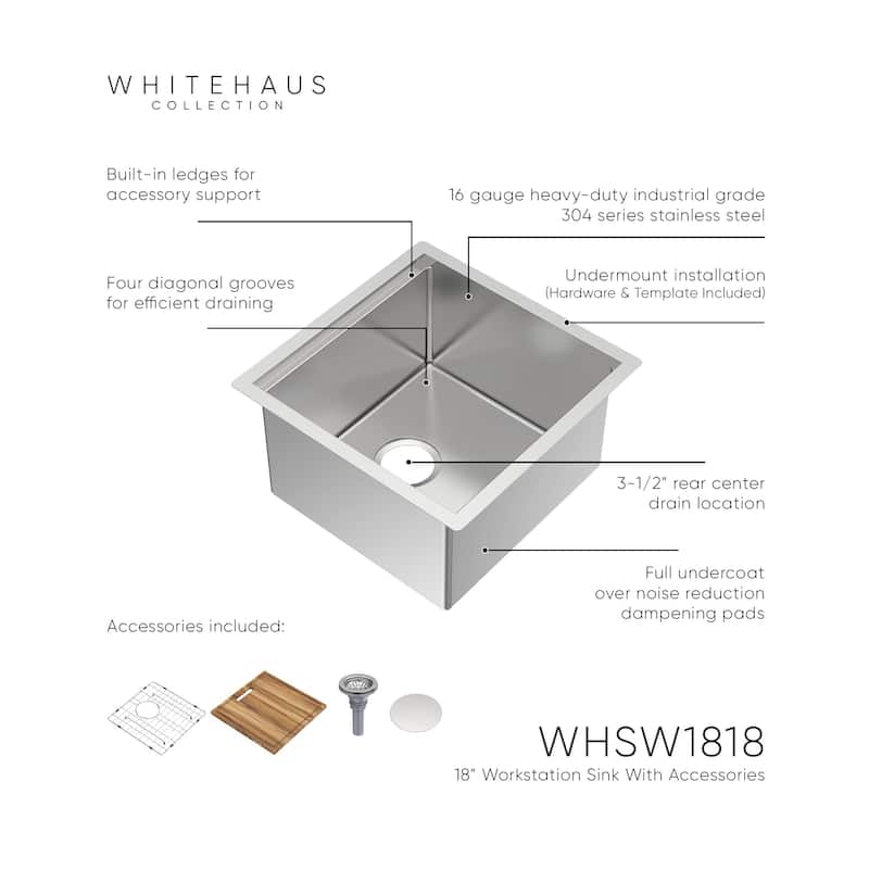 Whitehaus Undermount Single Bowl 16 Gauge Brushed Stainless Steel Workstation Sink With Accessories