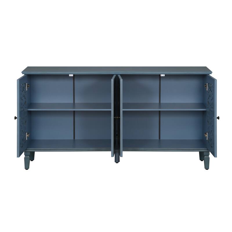60 Inch Antique Buffet Cabinet with Floral Carvings,Solid Wood Legs &Adjustable Shelves