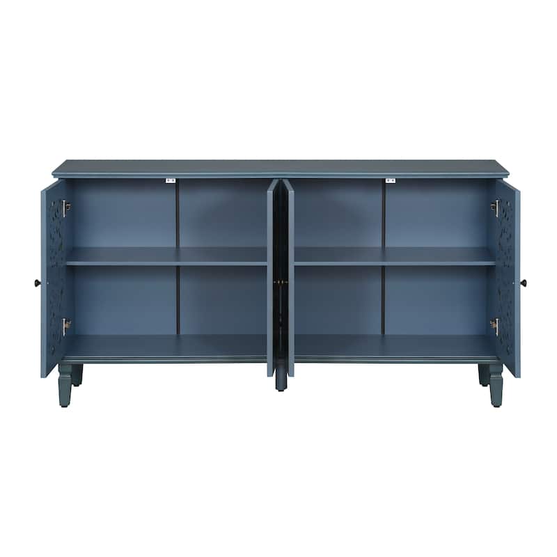 GDFStudio - 60" Antique Buffet Cabinet with Floral Carvings, Solid Wood Legs, Brass Handles & Adjustable Shelves