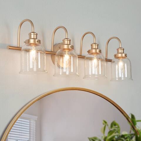 4-light Mid-century Modern Gold Bathroom Vanity Light Bell Clear Seeded Glass Wall Sconces Dimmable - L 28" x W7.5" x H 9.5"