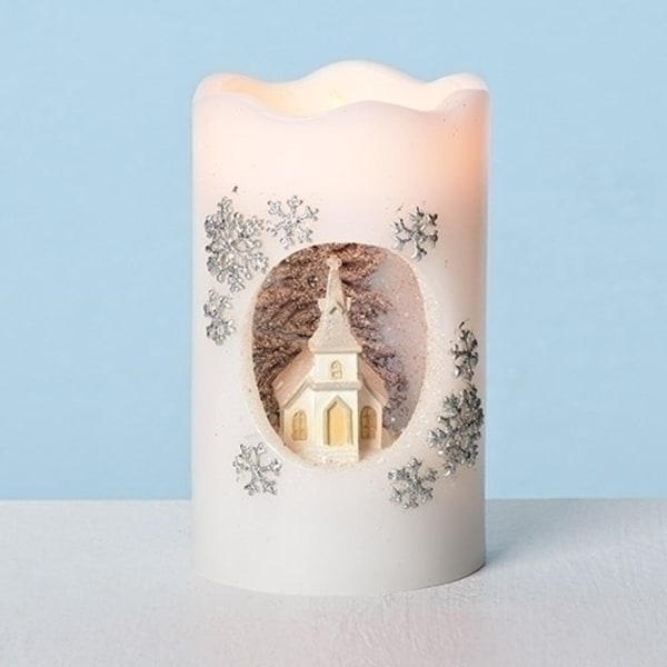 5" Ivory White LED Lighted Glittered Church Christmas Pillar Candle Table Topper. Opens flyout.