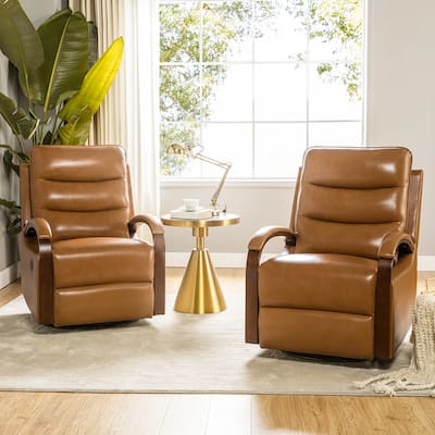 Leopold Modern Swivel Genuine Leather Recliner Chair with Wooden Arm Accents Set Of 2 By HULALA HOME