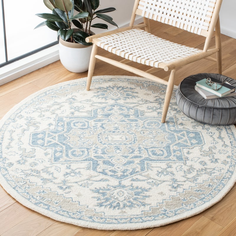 SAFAVIEH Handmade Micro-Loop Perrine Medallion Wool Rug - 5' Round - Ivory/Blue
