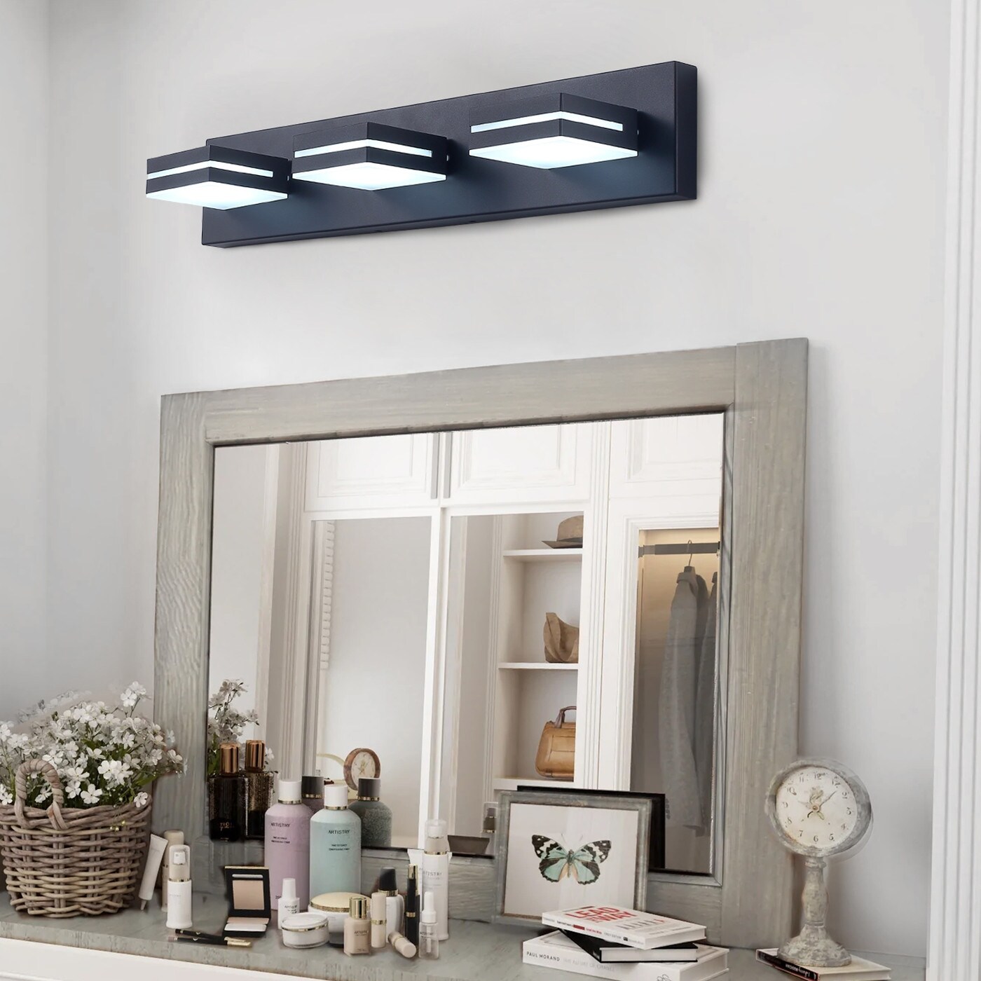 Modern 3 Light Square Shape Over Mirror LED Vanity Lighting Fixture Black