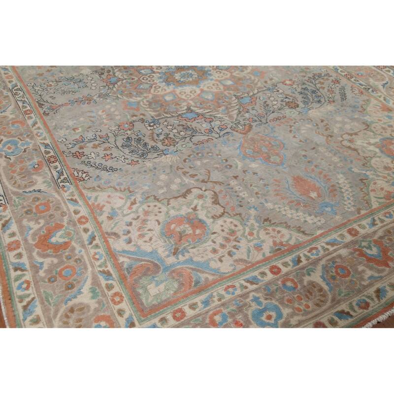 Floral Gray Tabriz Persian Antique Area Rug Handmade Wool Carpet - 8'2"x 11'1"