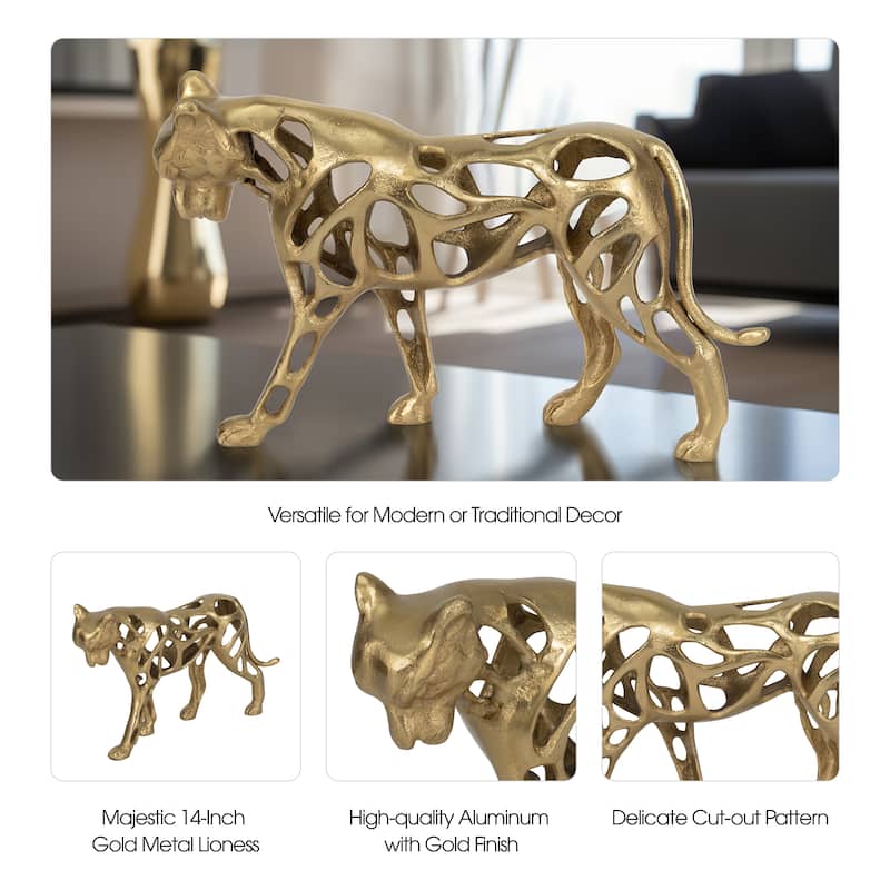 Sagebrook Home's Gold Metal Lioness Figurine - Aluminum 14-Inch Art Piece for Sophisticated Home Decor - 14" x 4" x 8"