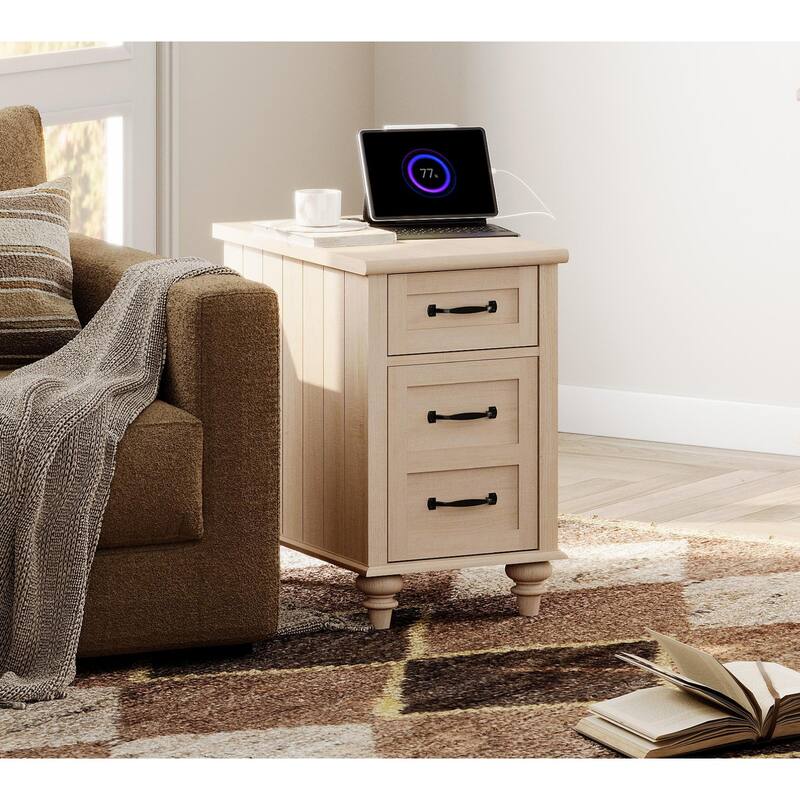End Table with Charging Station, Side Table with Storage, 2 Power outlets & 2 USB Ports for Living Room - 1 Pack - Beige