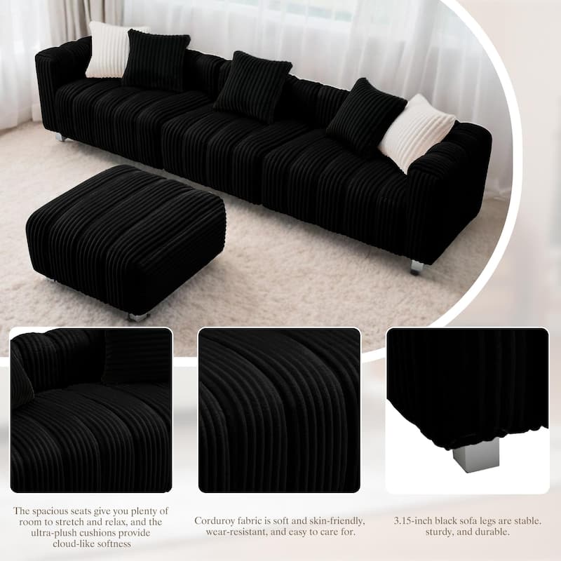 114.2" Corduroy 3-Seater Sectional Sofa with Ottoman & Wood Frame