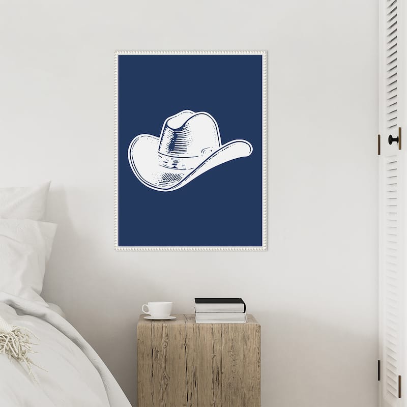 Navy Blue Cowboy Hat by Jolly and Dash Framed Canvas Wall Art Print - Sylvie Beaded White