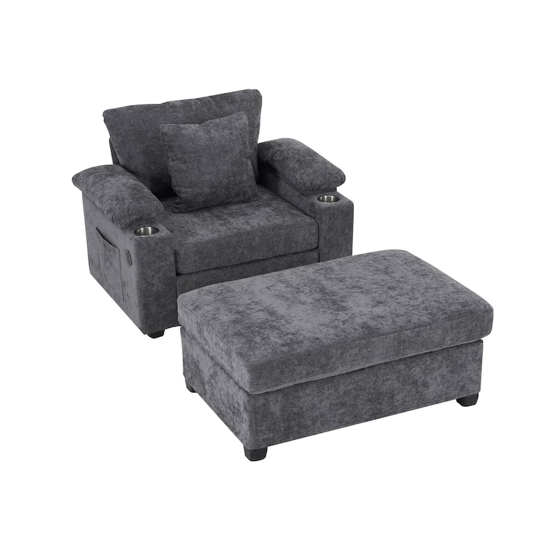 Chenille Oversized Accent Chair with Ottoman, USB Charging Ports and Convertible Sofa Bed Design