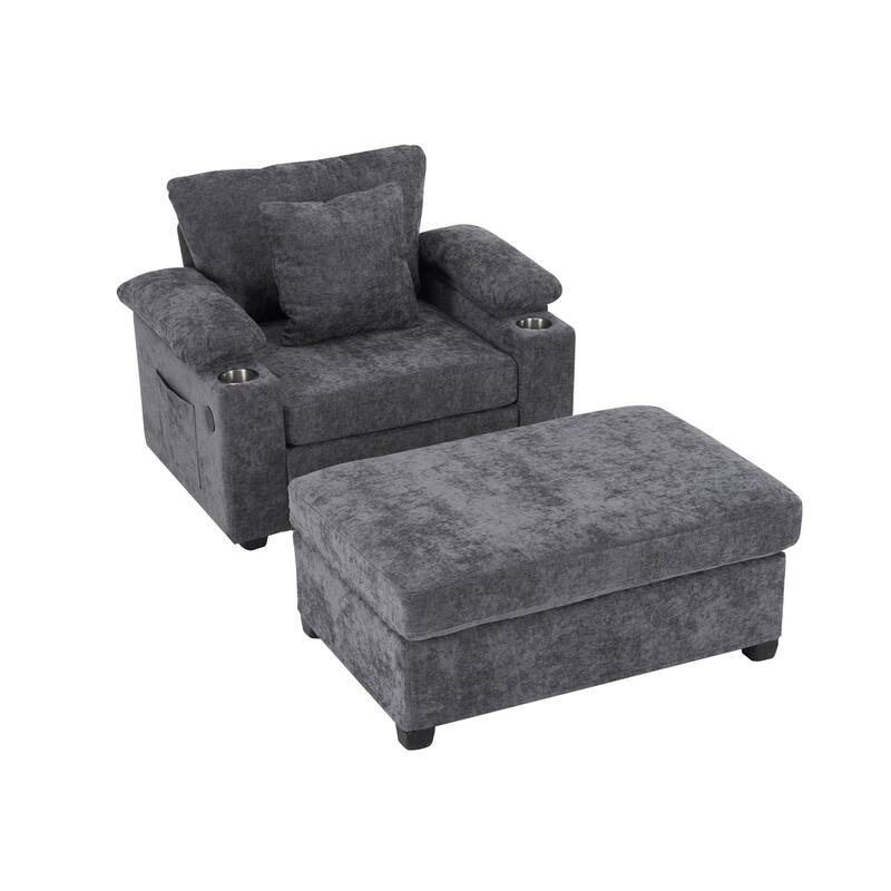 GDFStudio - Ethan Blake Oversized Chenille Chair Bed with Ottoman, Storage & USB Charging for Lounge & Apartment Living