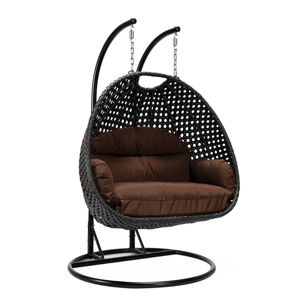 Patio 2-Person Hanging Egg Swing Chair Charcoal Wicker and Iron Frame Breathable Removable Cushion Covers by LeisureMod