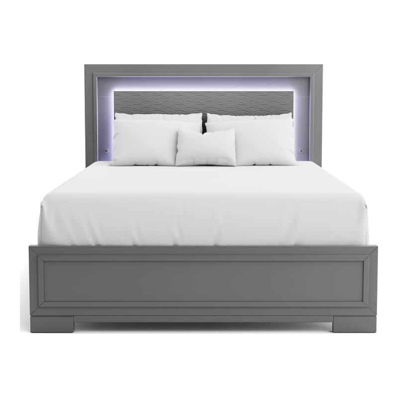 Lalt Contemporary Metallic Grey Wood LED Lighting Panel King Bed by Furniture of America