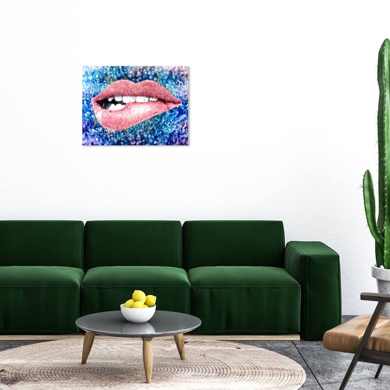 Wynwood Studio Fashion and Glam Glimmering Blue Lip Bite Blue and Glam Wall Art Canvas Print - 36 x 30