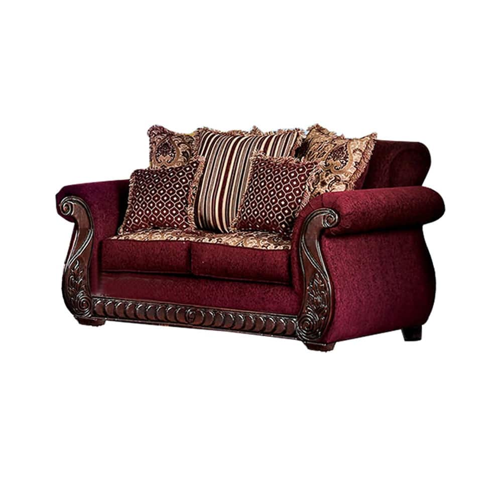 Fabric Upholstered Love Seat with Rolled Arms Design in Wine