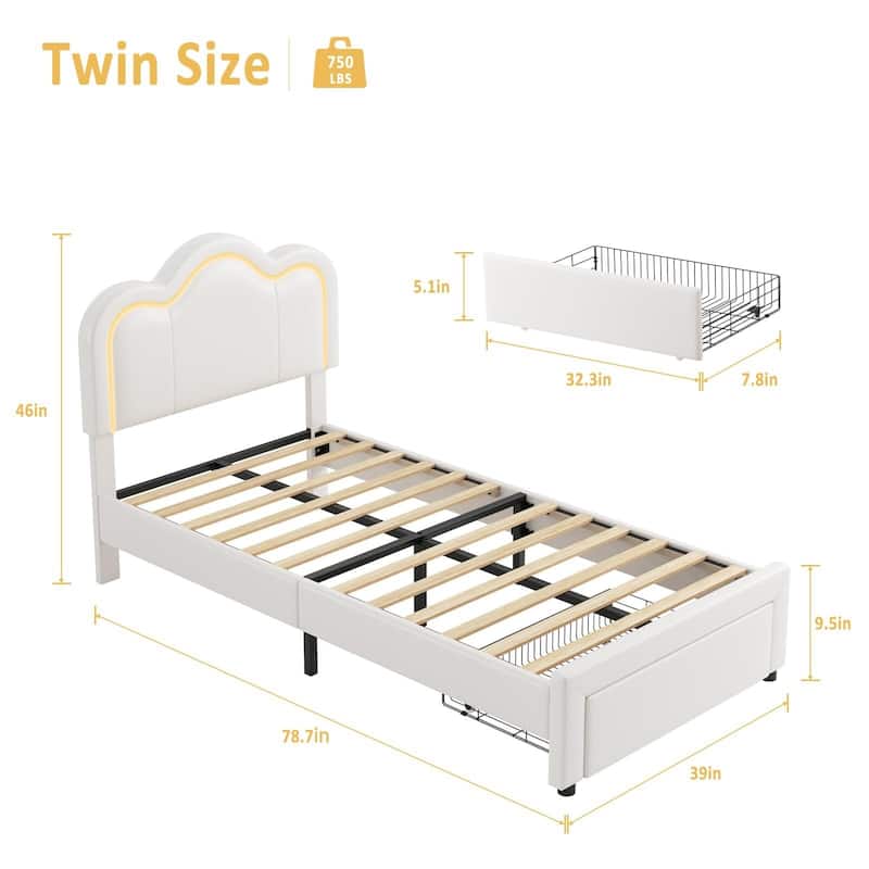 Twin Platform Bed, with LED Light and Adjustable Headboard，With Drawer