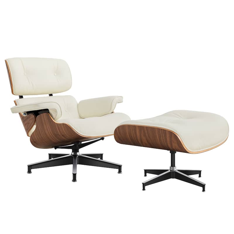 HomeRoots 27" Off White and Light Brown Tufted Genuine Leather Swivel Lounge Chair With Ottoman