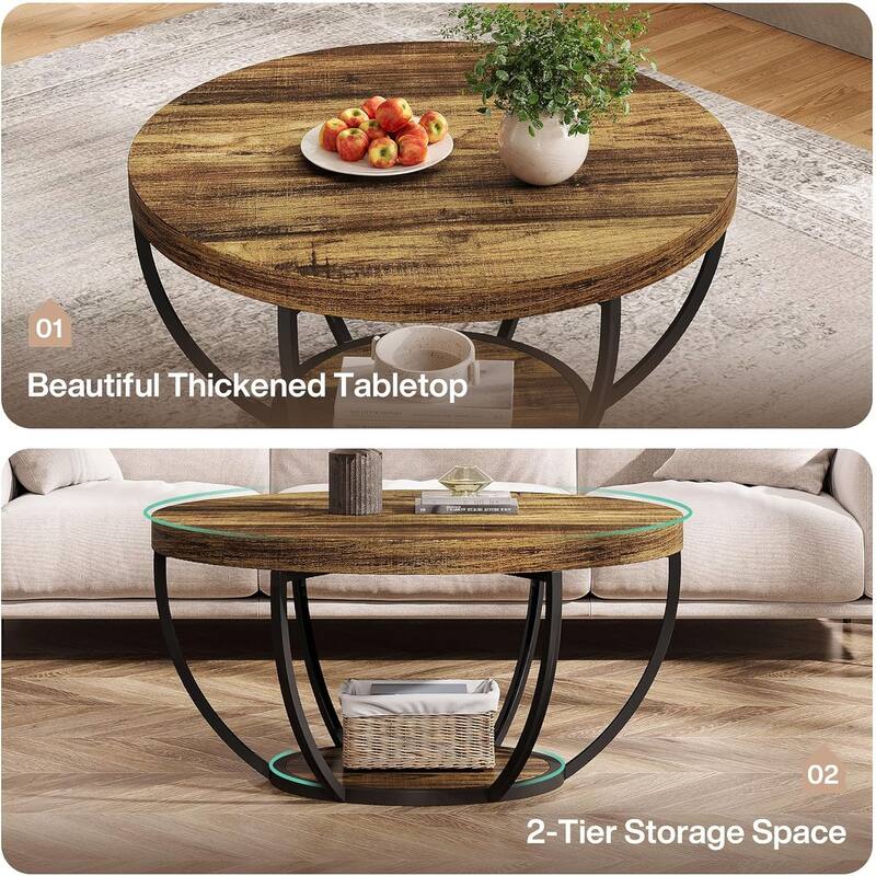 Round Coffee Table, 31.7" Rustic Brown Wooden 2-Tier
