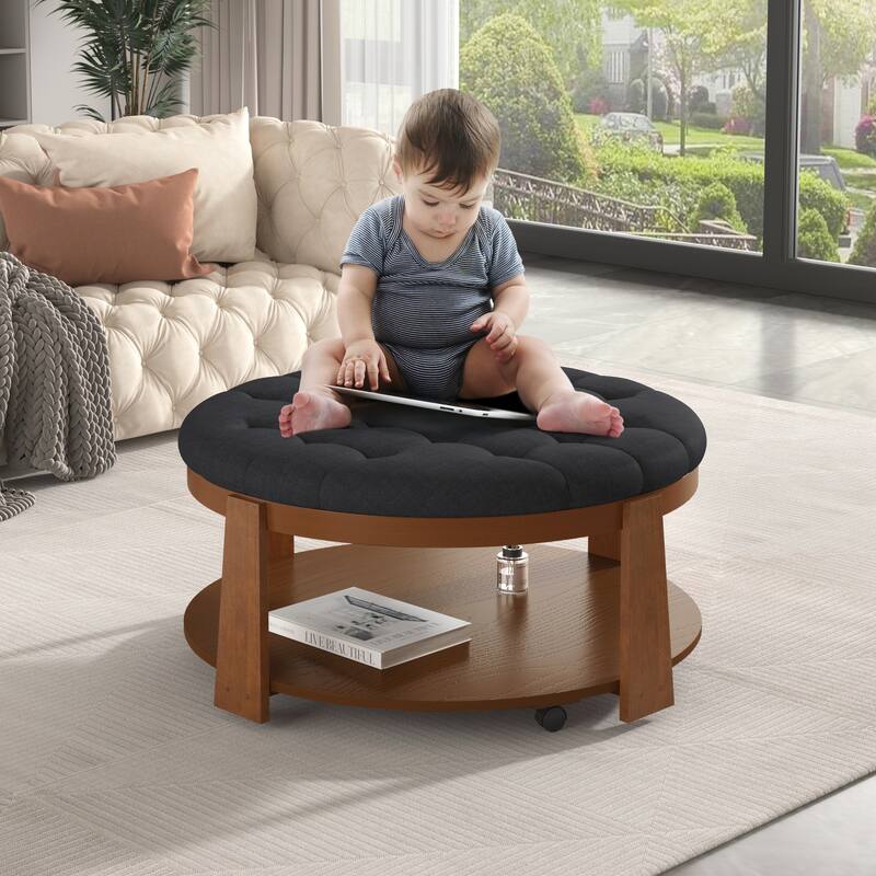 Coffee Table 2-Tier Button Tufted Ottoman with Wood Shelf,Upholstered Coffee Table,Footrest Ottoman with wheel,waterproof Linen