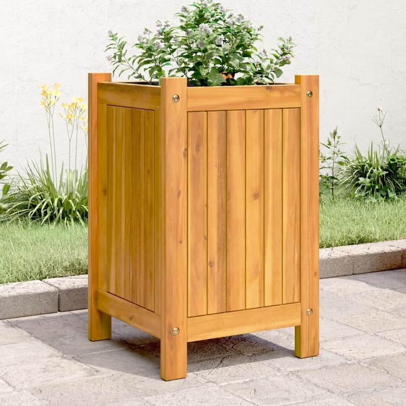 vidaXL Garden Planter with Liner Outdoor Flower Pot Box Solid Wood Acacia - 12.2  x 12.2  x 19.7 - Brown 12.2  x 12.2  x 19.7